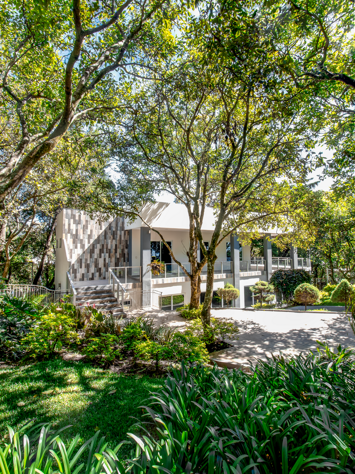 Contemporary white house with wraparound porch nestled among mature trees and tropical landscaping.