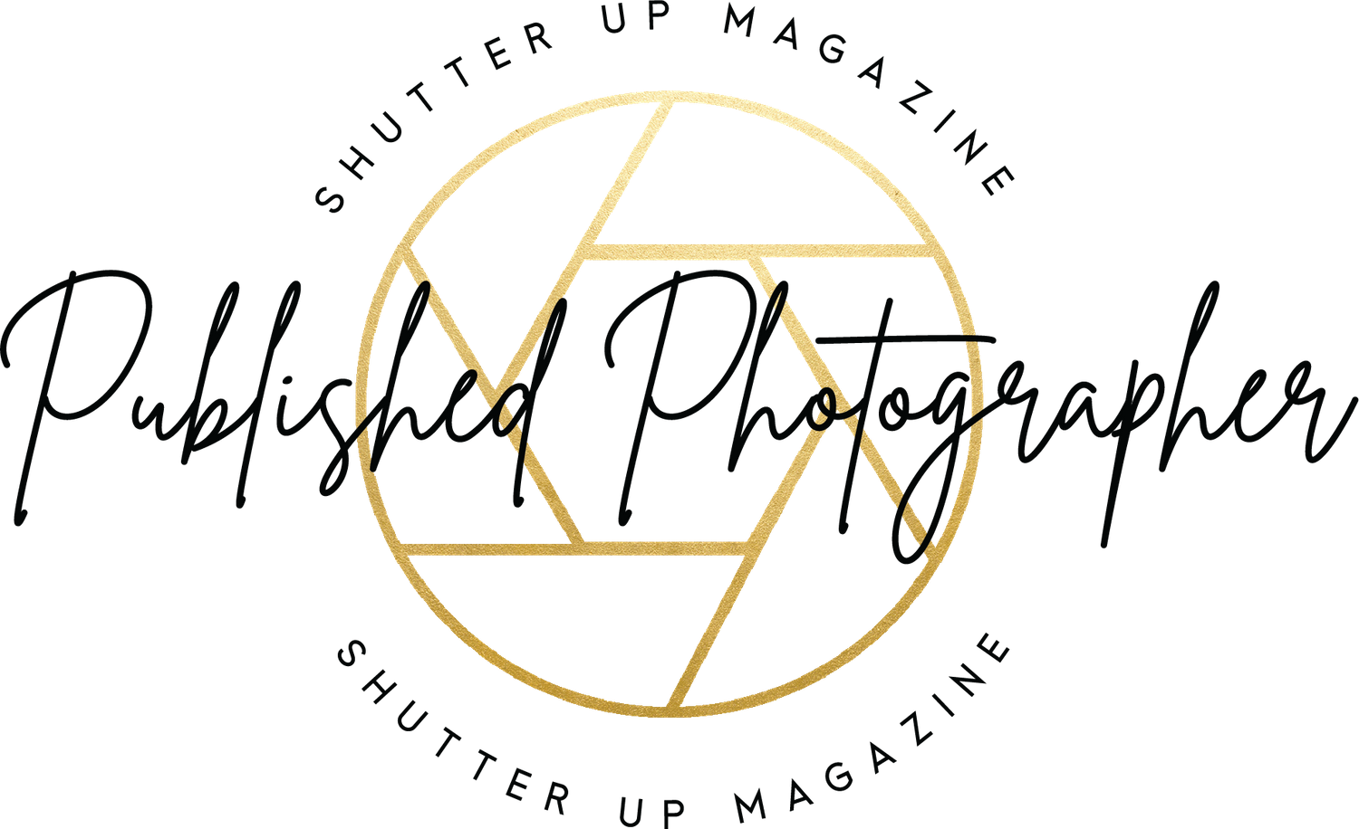 Geometric gold circular camera lens aperture logo design on black background.