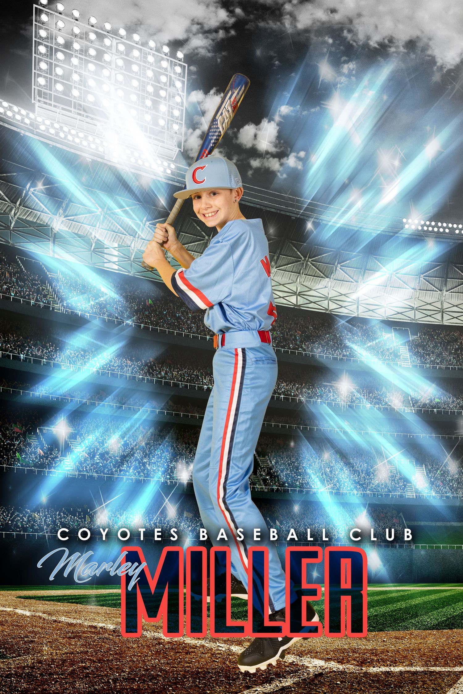 Young baseball player in blue Coyotes uniform poses with bat in stadium spotlight for Marley Miller team photo.