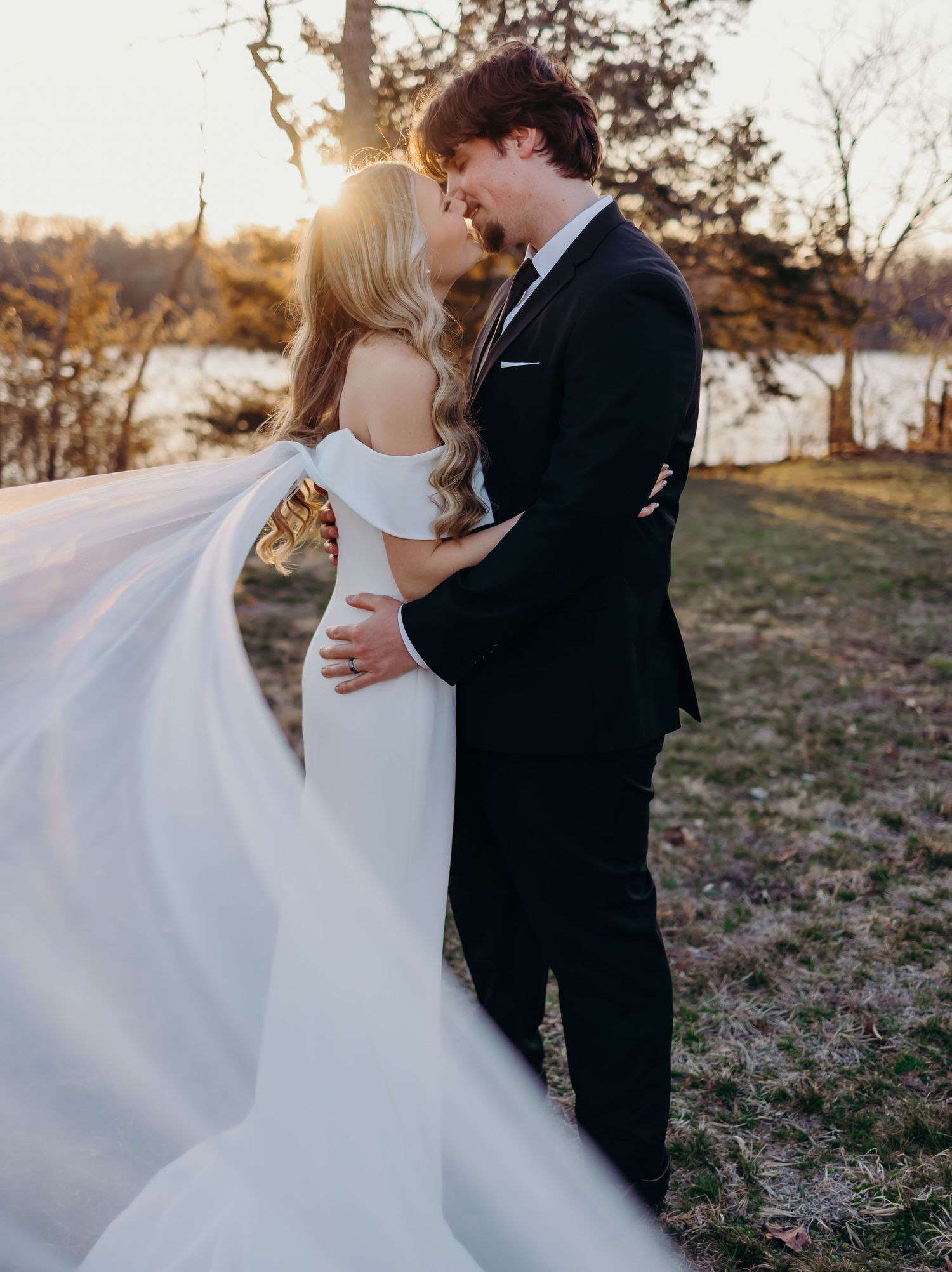 Bride and groom in elegant natural light wedding portrait in Kansas and East Texas