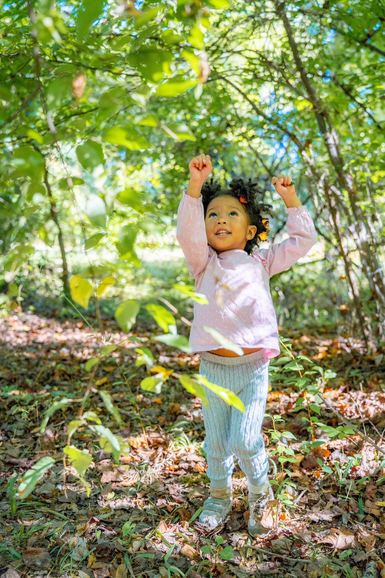 A toddler in a pink sweater and striped pants plays joyfully among fallen autumn leaves in a sunlit wooded area.