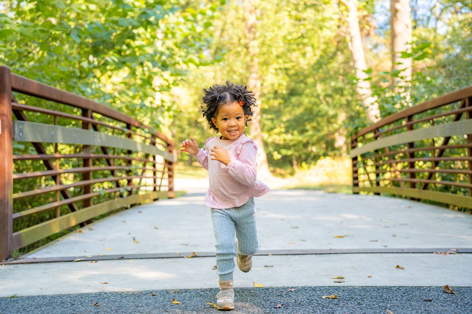 Joyful toddler runs and plays on a wooden bridge surrounded by lush green trees on an autumn day.