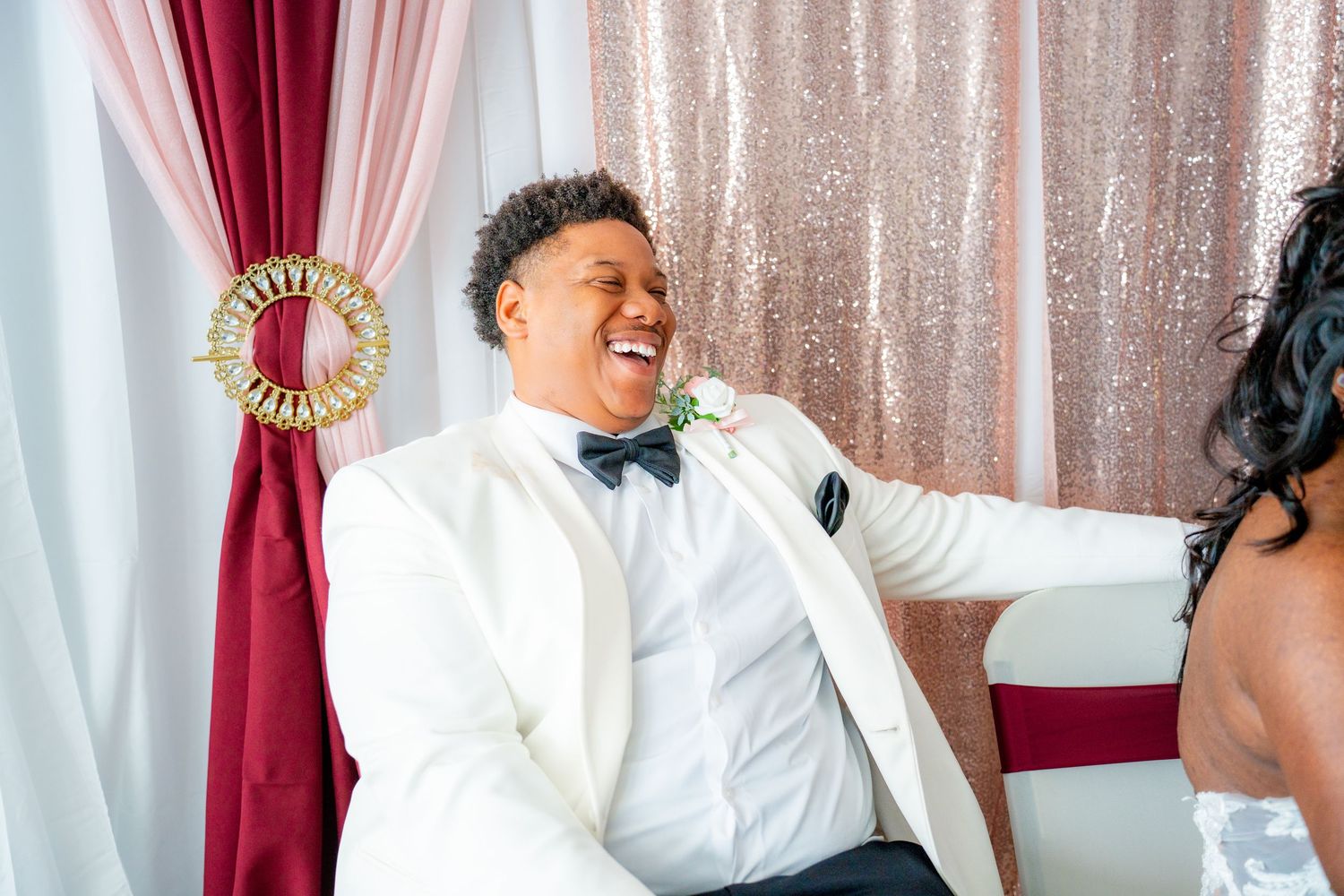 A collage of wedding party photos shows people laughing and celebrating during formal portraits.