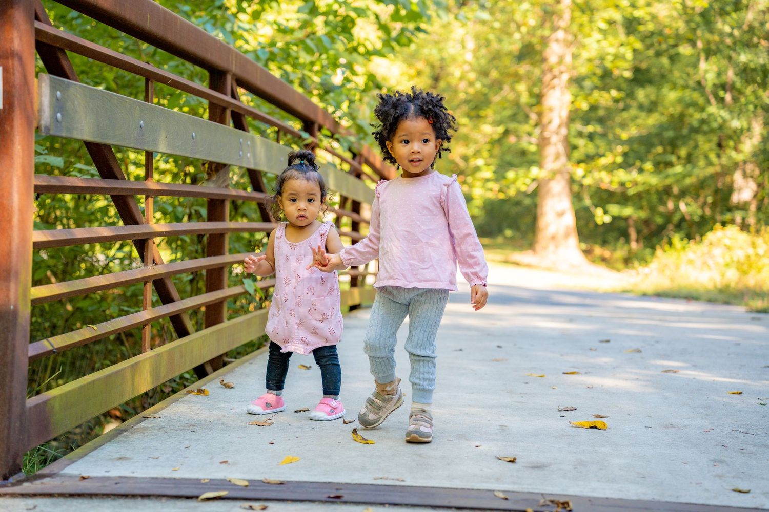 Children running and playing together on a wooden bridge path surrounded by autumn foliage.