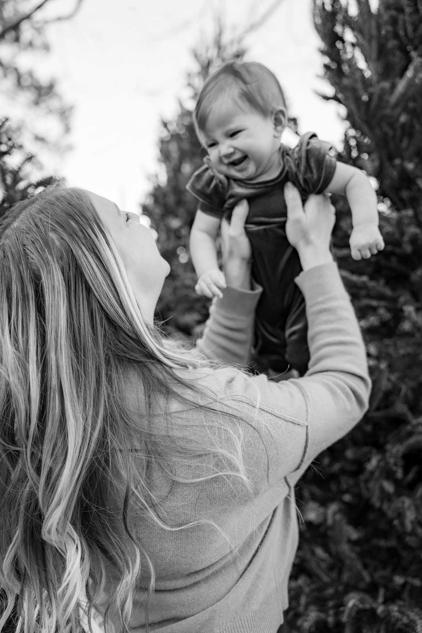 A joyful moment captured in black and white as a baby is lifted into the air outdoors near evergreen trees.