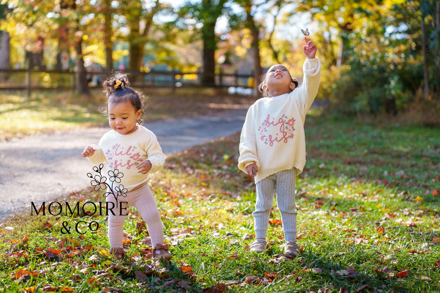 Siblings playing together and throwing autumn leaves in a sunlit park during fall season.