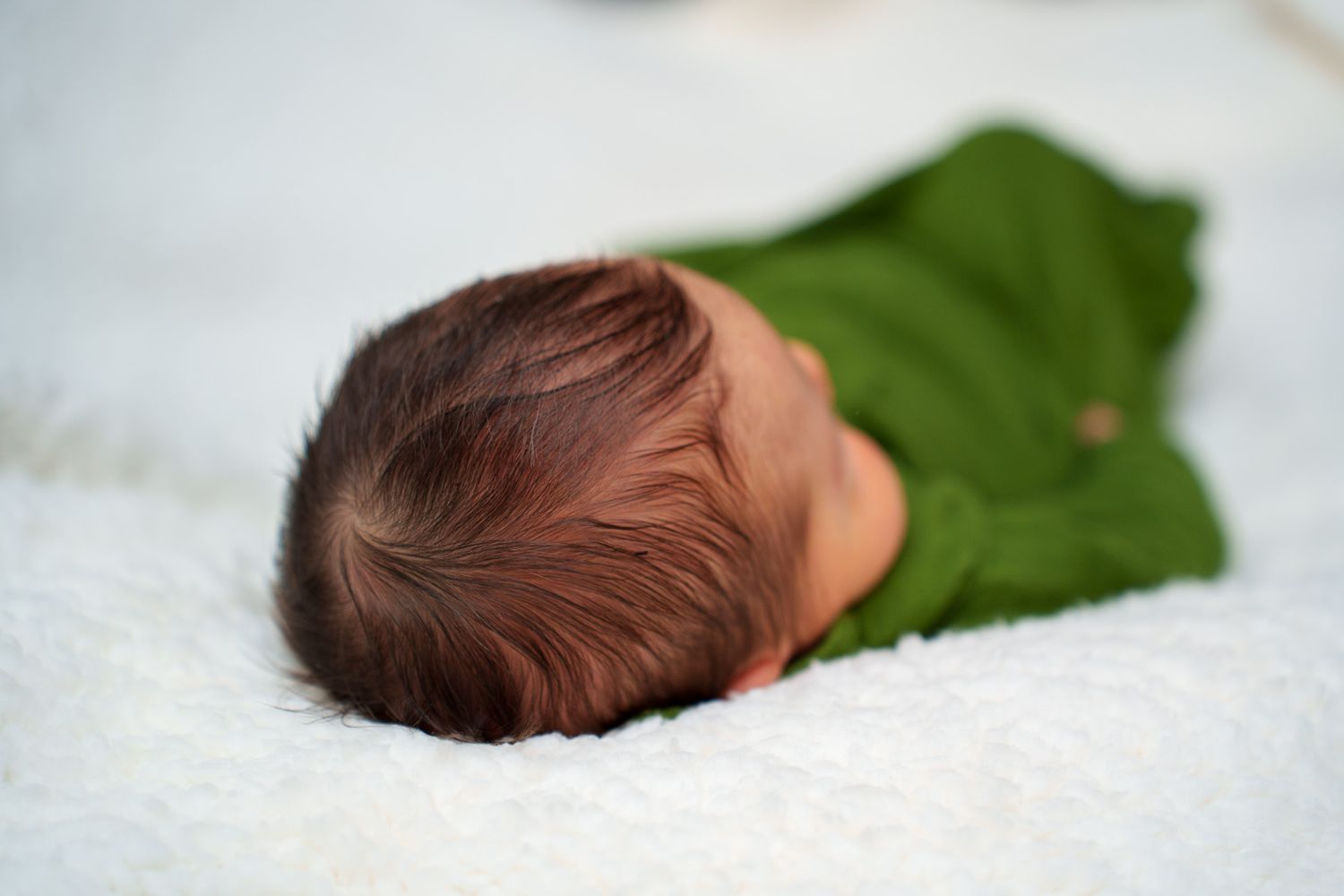 A series of close-up photos showing a newborn baby resting on green leaves in an artistic photography session.