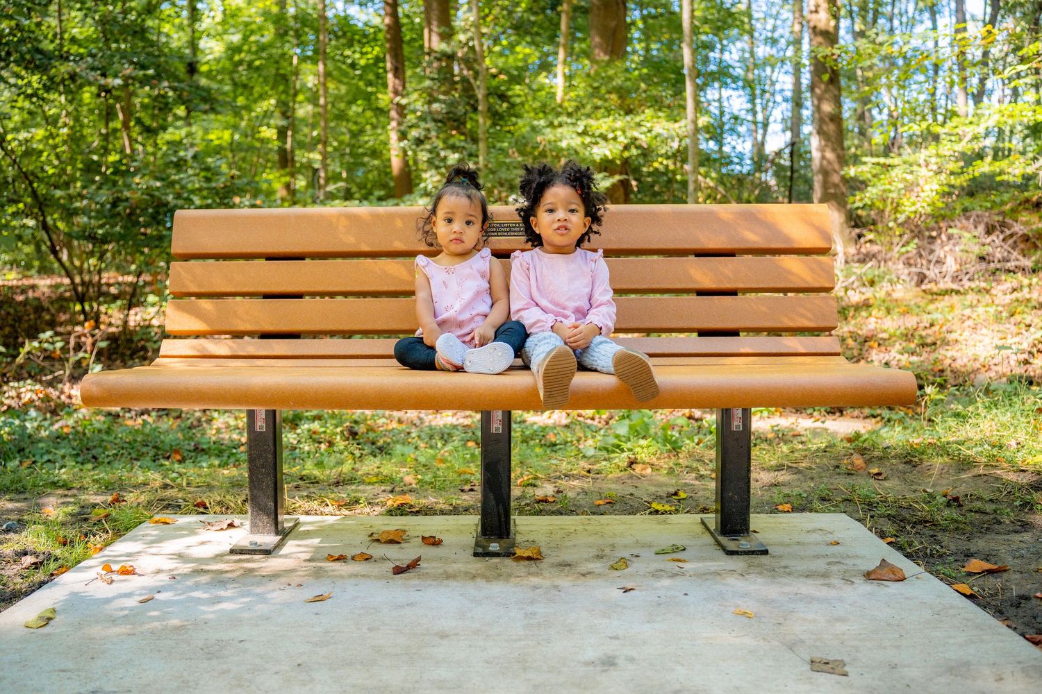 Two people sitting on a wooden bench in a peaceful wooded setting with dappled sunlight filtering through trees.