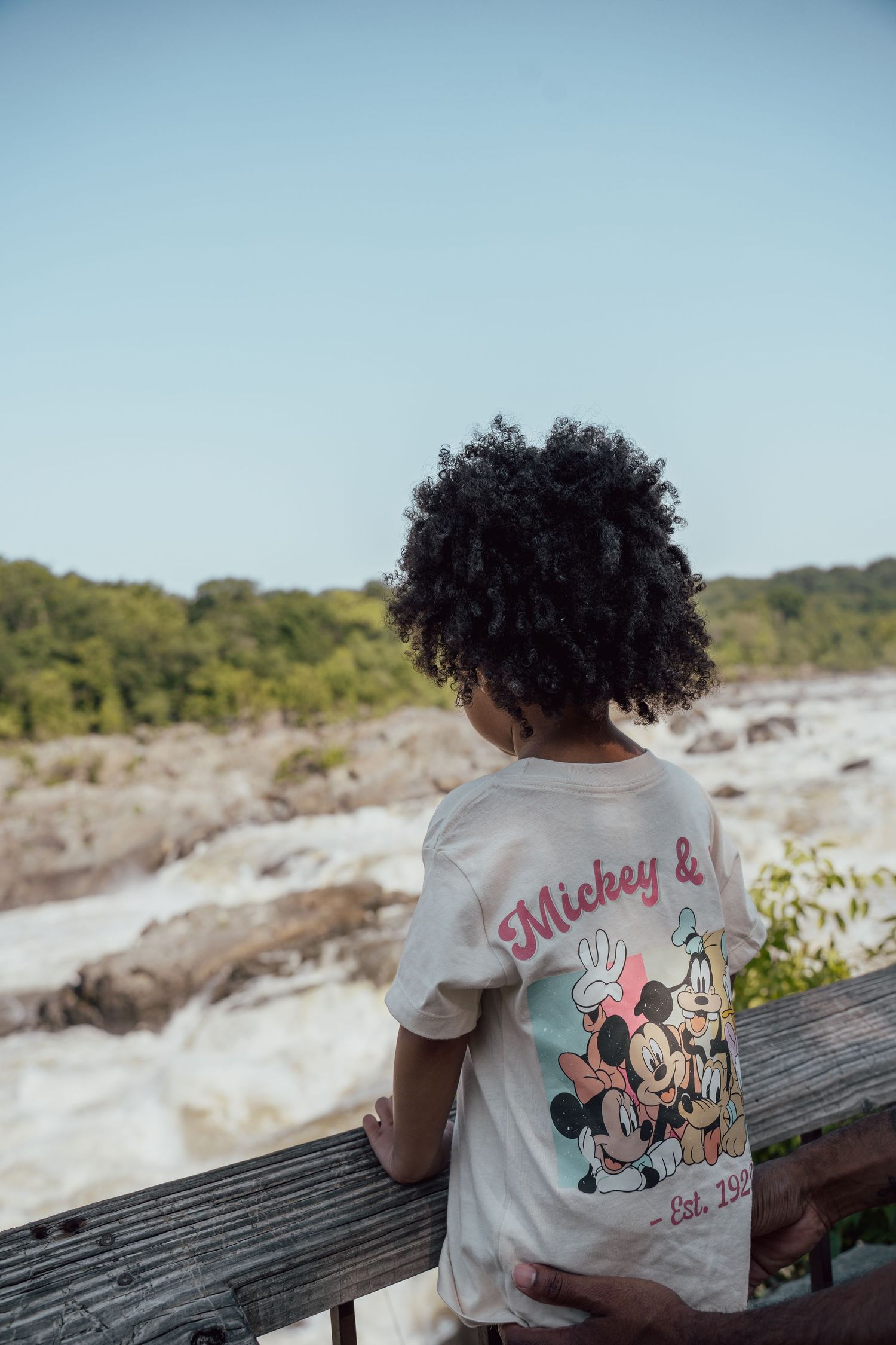 Child wearing Mickey Mouse t-shirt sitting on wooden railing overlooking rocky landscape.