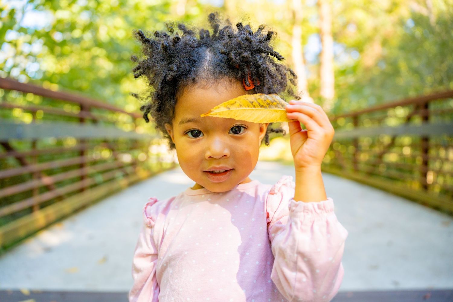 A series of outdoor photos showing someone in a pink outfit enjoying a sunny day on a wooden bridge.