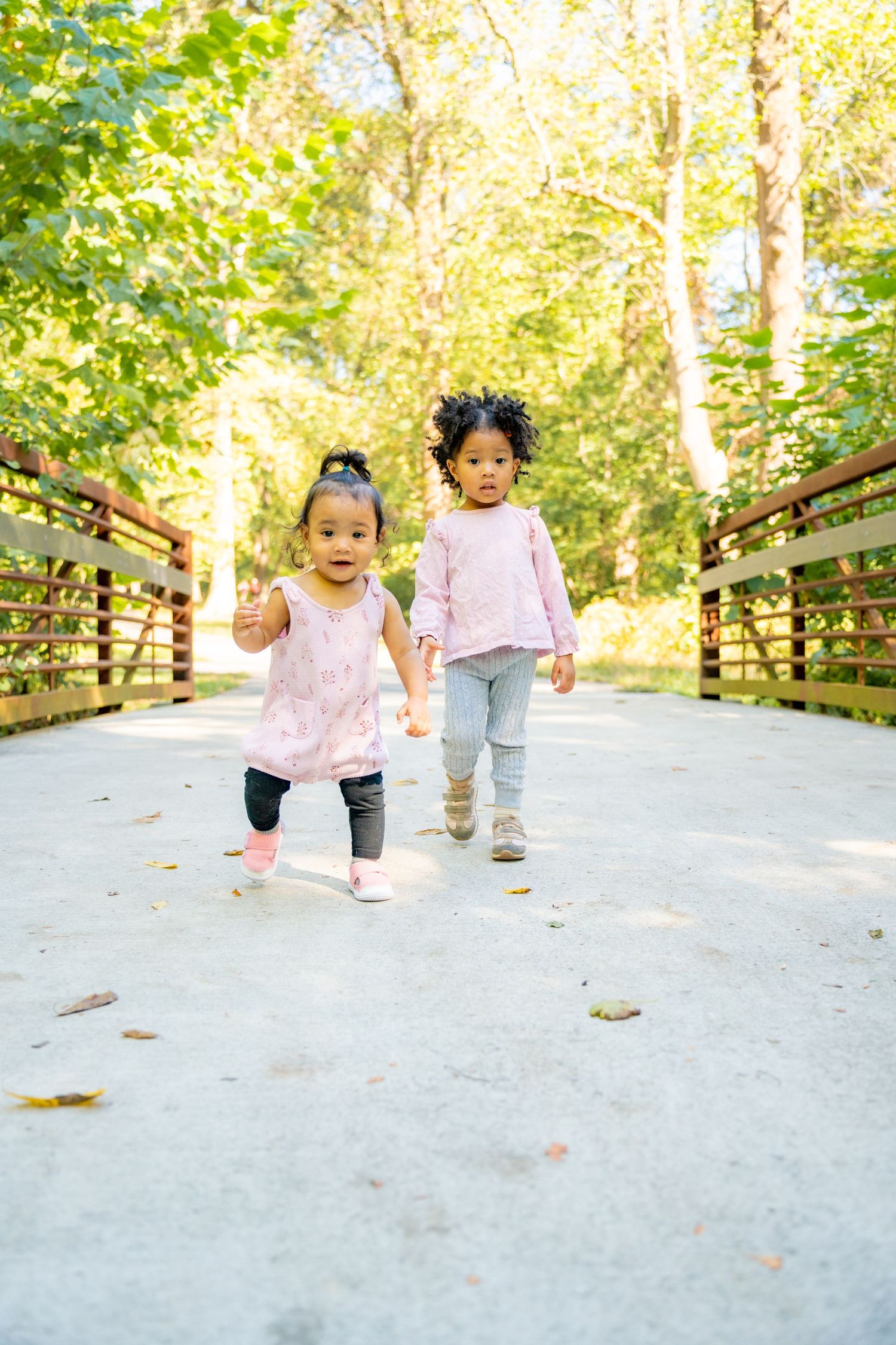 Two children walk hand in hand down a wooden boardwalk path surrounded by green trees on a sunny day.