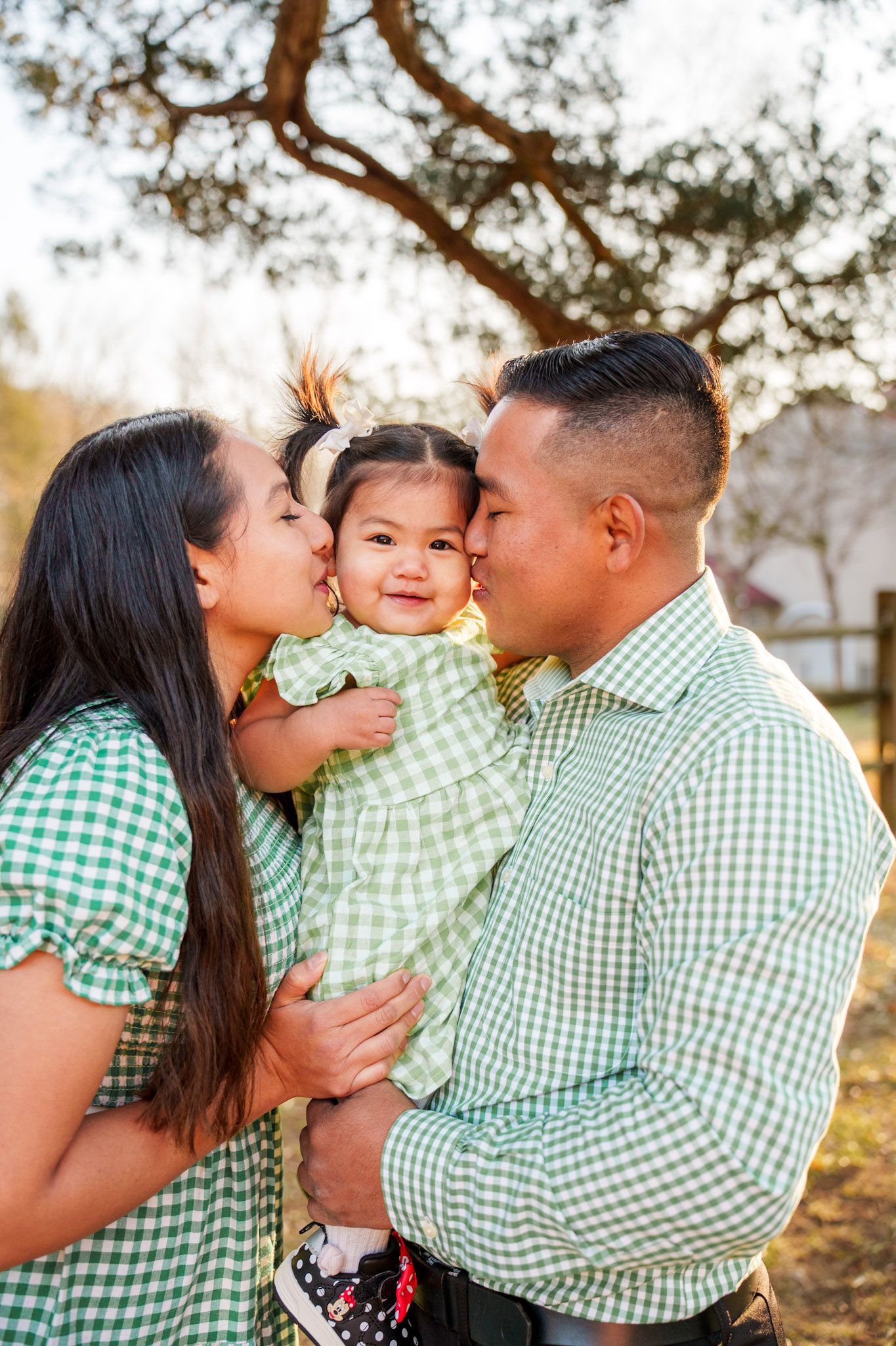 Family wearing matching green gingham outfits sharing loving kisses together during outdoor photo session at sunset.