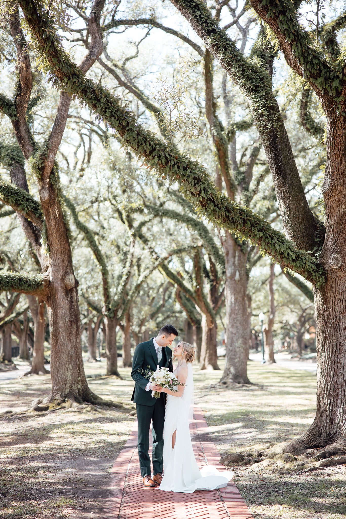 A romantic wedding scene captured under a canopy of moss-draped oak trees along a brick pathway.