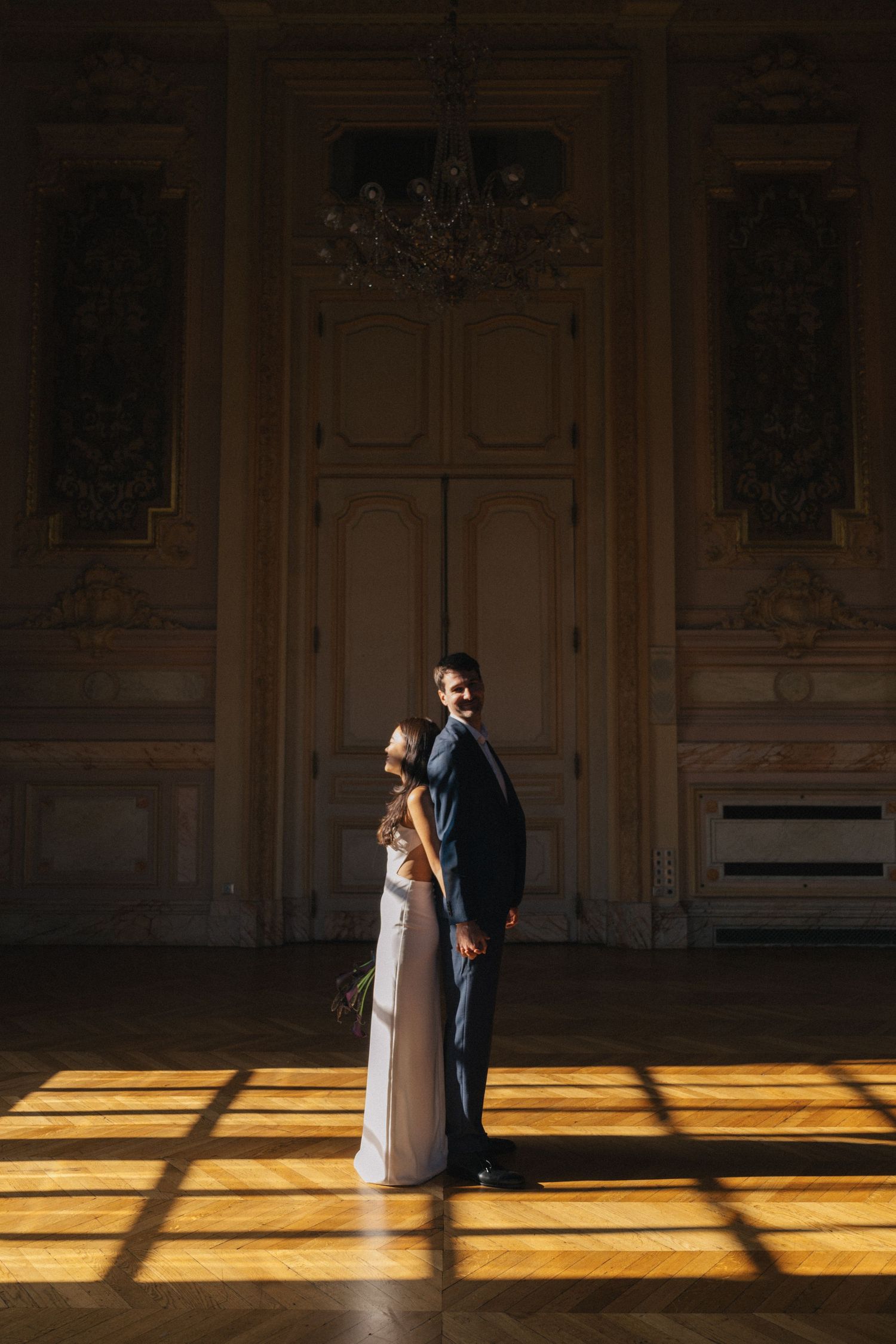 Civil wedding ceremony at Mairie de Levallois-Perret, couple dancing in the golden room