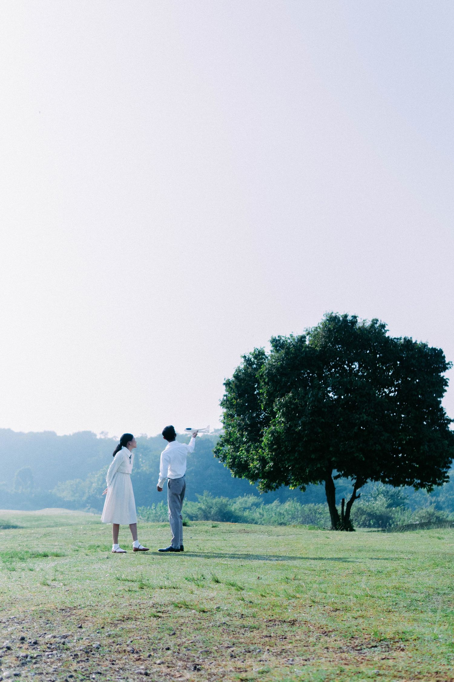 Ghibli inspired photoshoot, the wind rises. The bride and groom standing on an open field