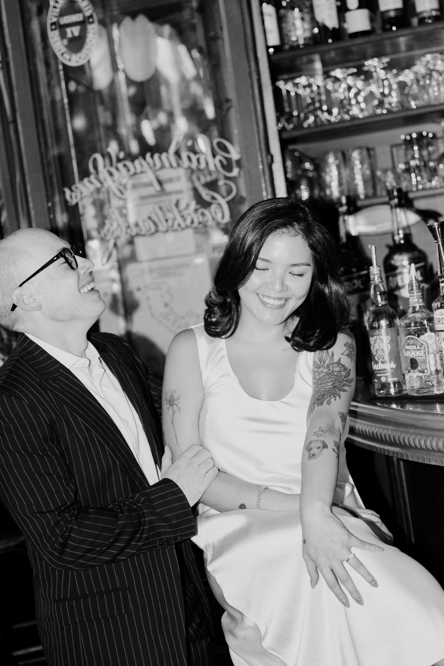 Editorial wedding couple portraits at paris café with flash