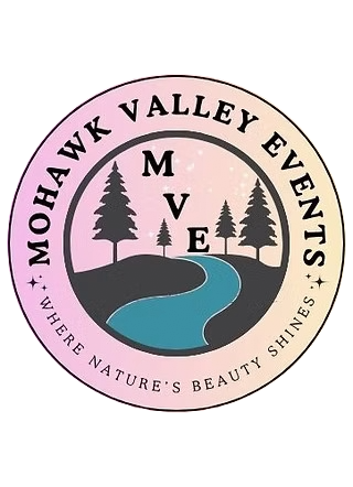 Circular logo for Mohawk Valley Events featuring pine trees and a winding river in pink, black and blue tones.