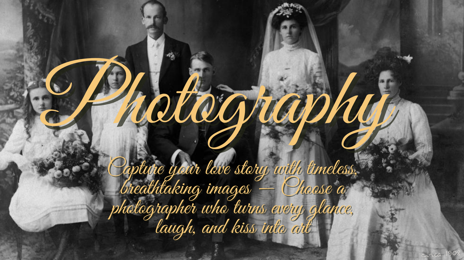 Golden photography text design over formal black and white wedding portrait.