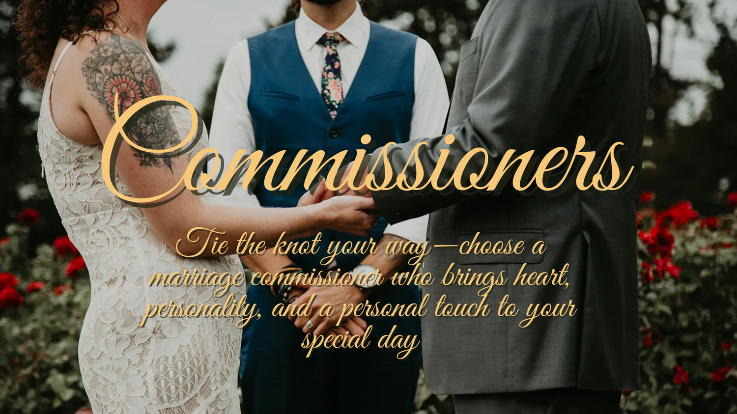 Gold script commissioners title over wedding party photograph.