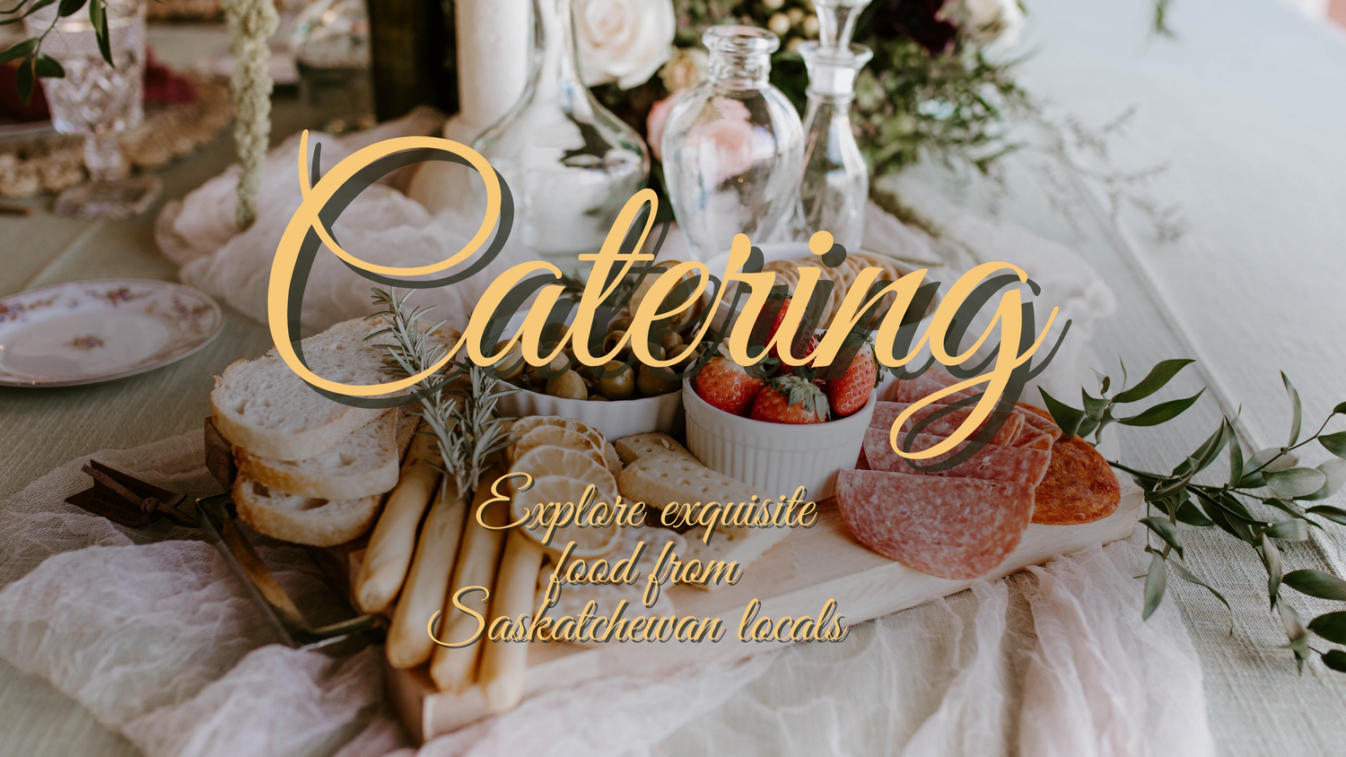 Elegant wedding catering banner with golden text overlay and floral decorations.