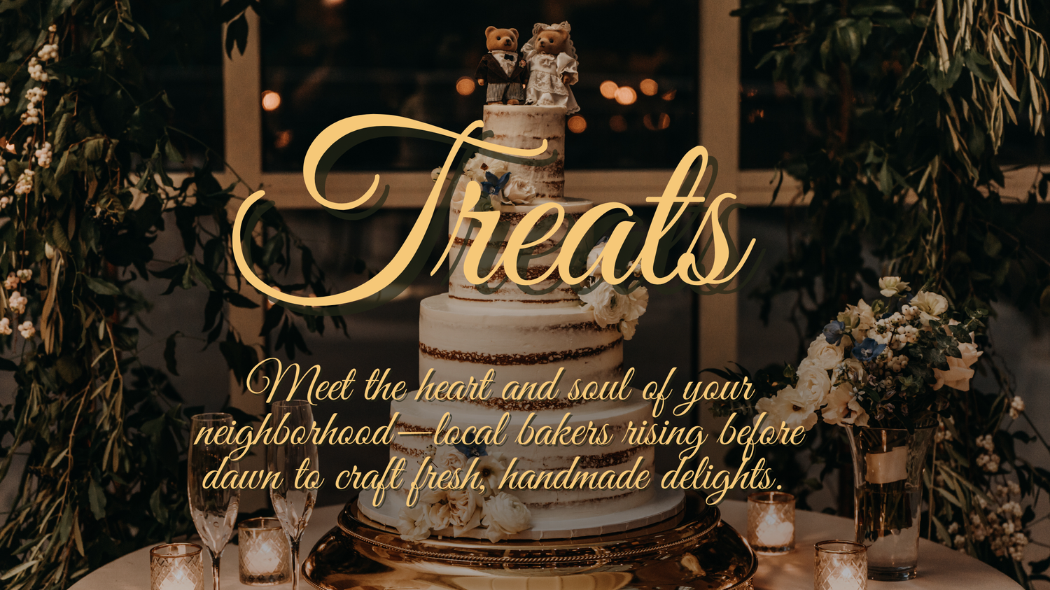 Luxurious wedding treats banner design with ornate gold typography and floral accents.
