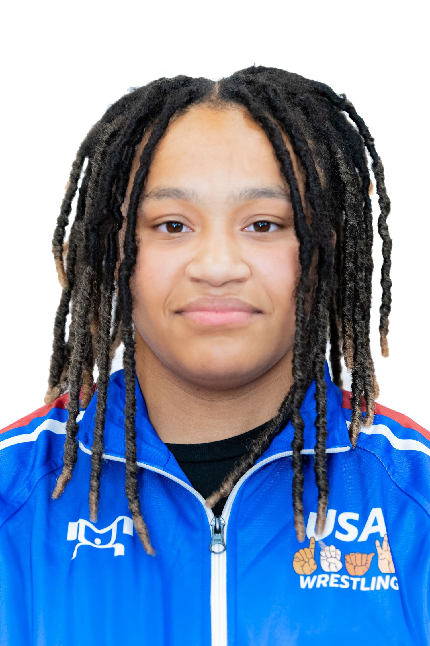 Close-up portrait series showing someone in blue USA Wrestling jacket.