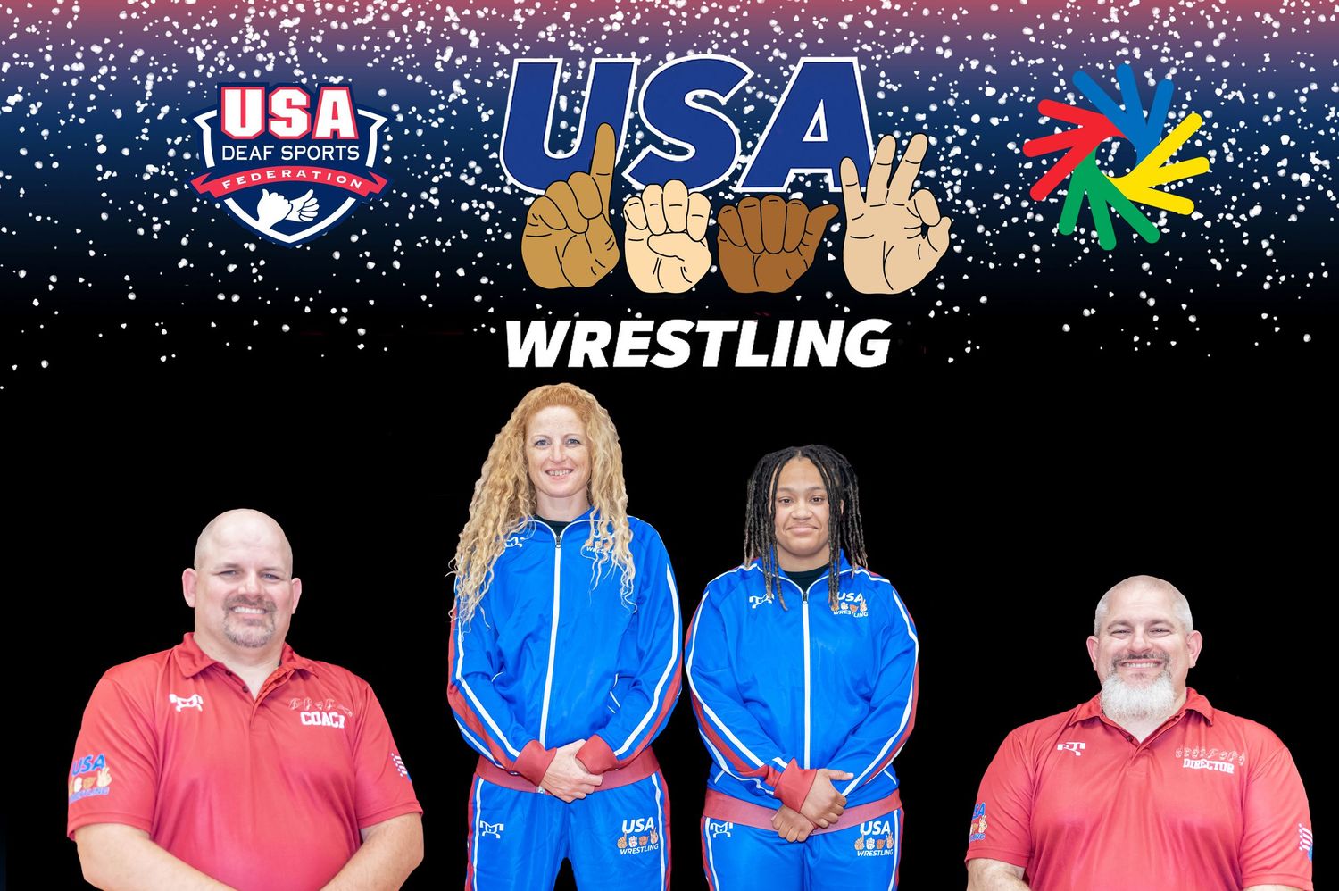 Team USA Wrestling members pose together in front of a backdrop featuring USA Wrestling and Olympic logos.