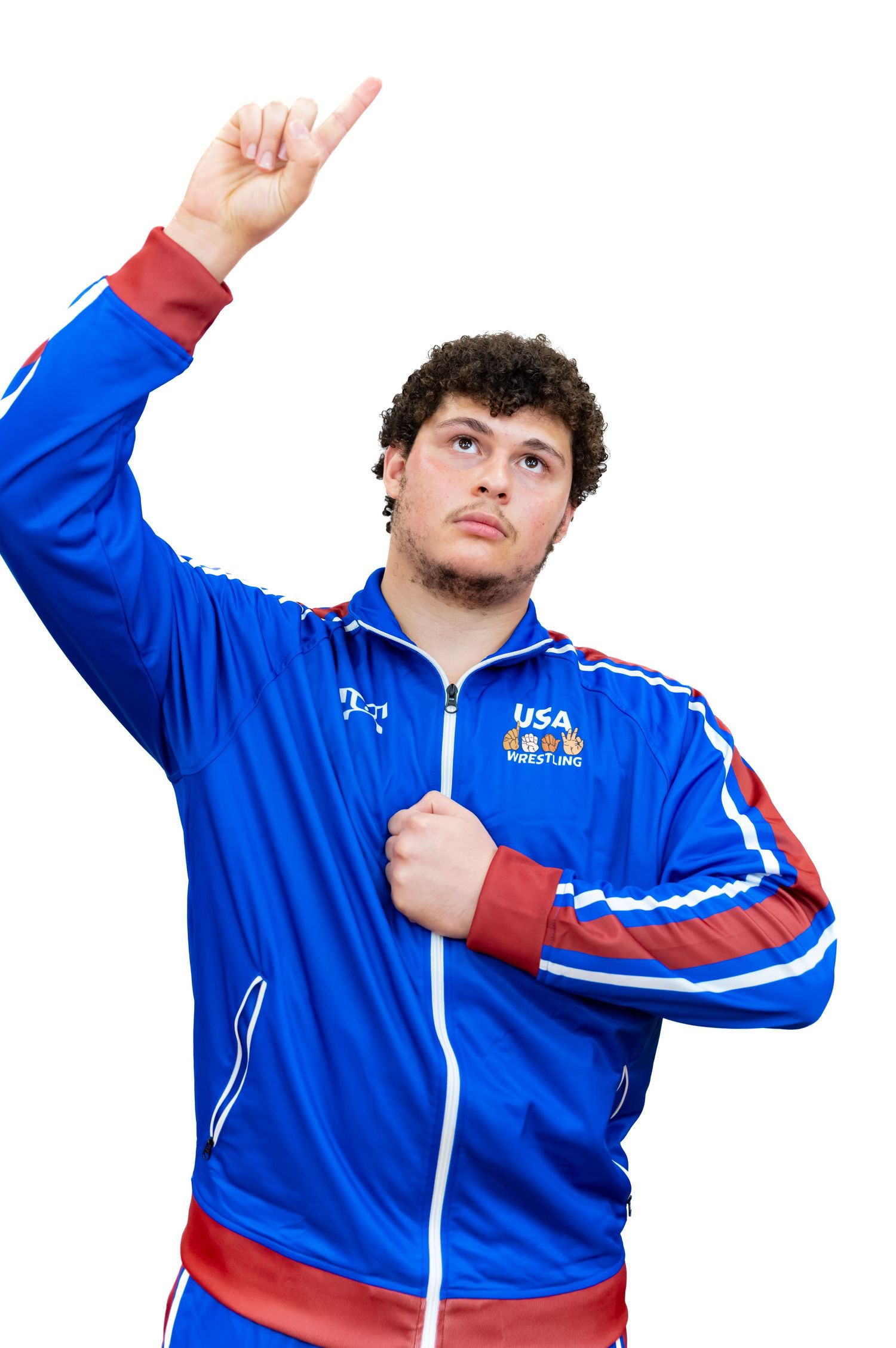 Person in blue USA team jacket performs expressive poses against white background.