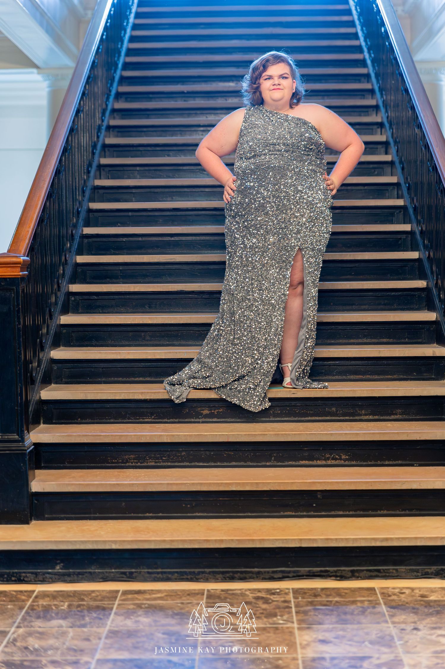 A person in a sparkly dress poses on wooden stairs with blue-lit railings in a series of similar shots.