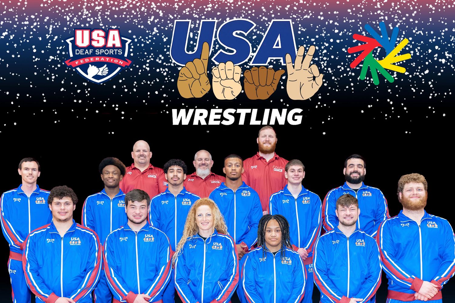 USA Wrestling team members pose in blue and red uniforms with team logos and branding in a group photo.