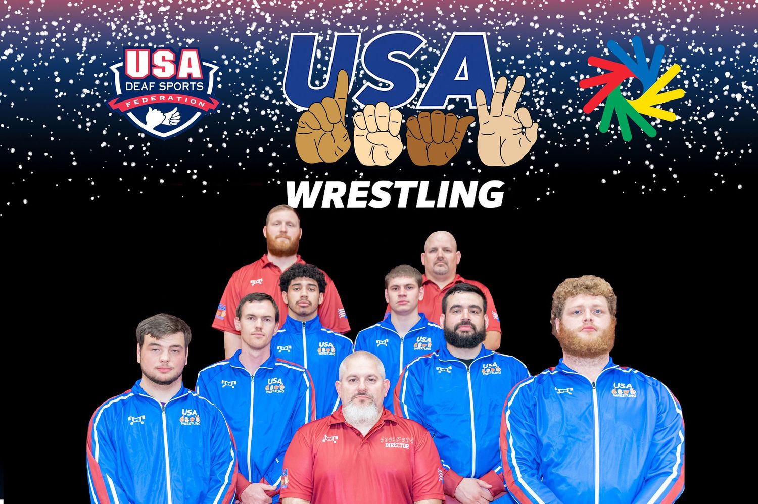 USA Wrestling team members pose together wearing blue jackets at an official event.
