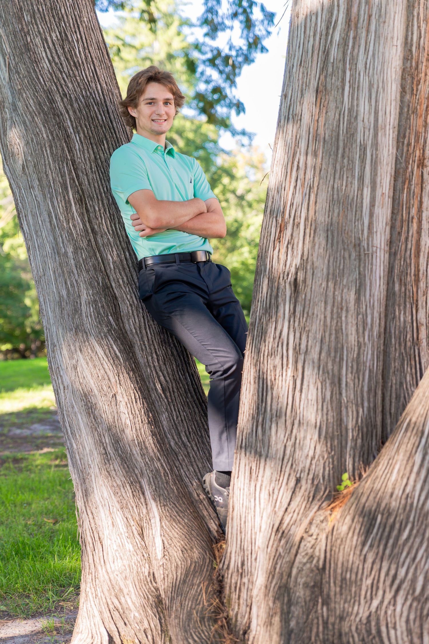 Someone in a mint green shirt sits casually between two large tree trunks on a sunny day.