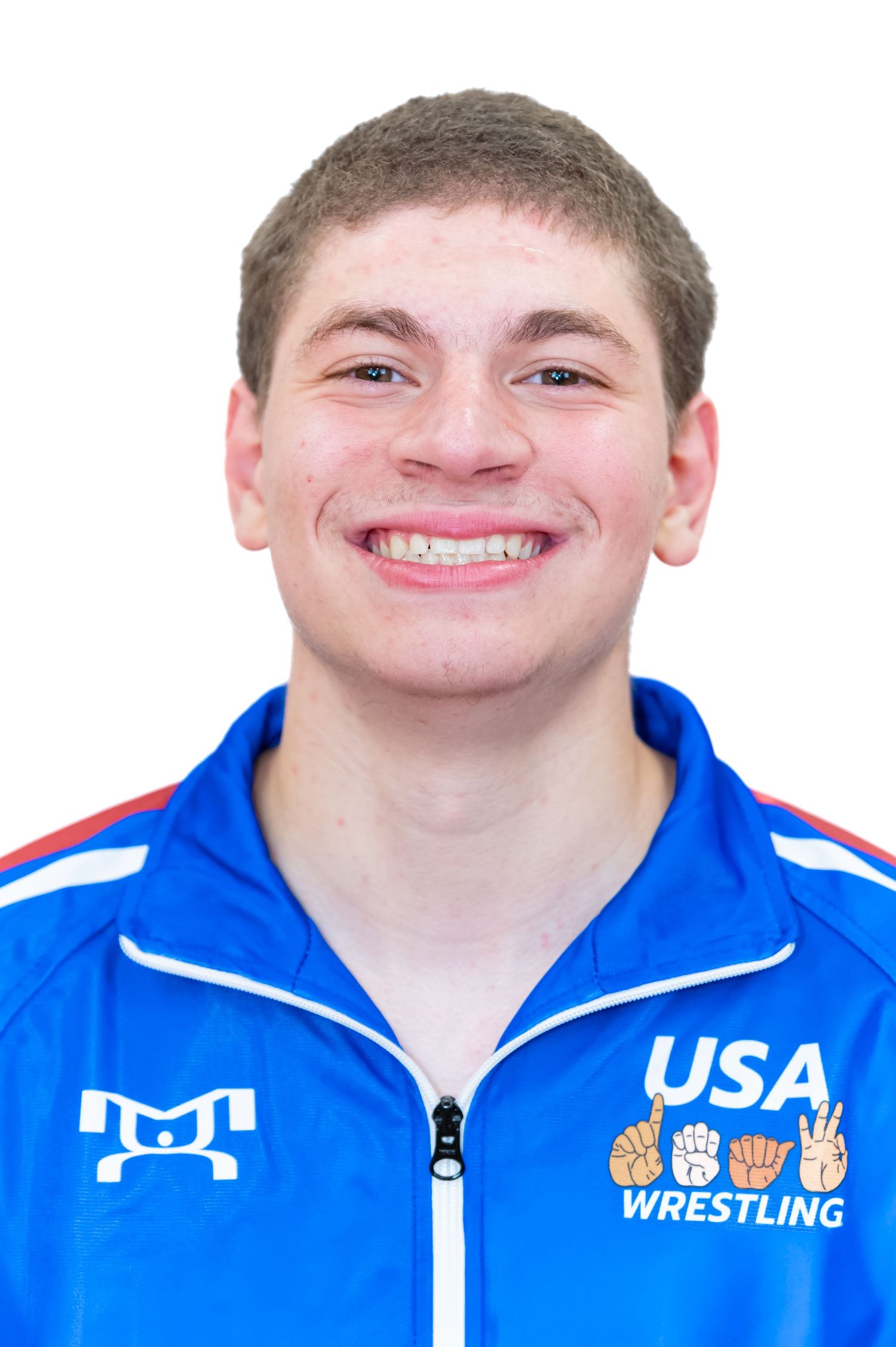 Series of close-up expressions showing someone wearing blue USA Wrestling team uniform.