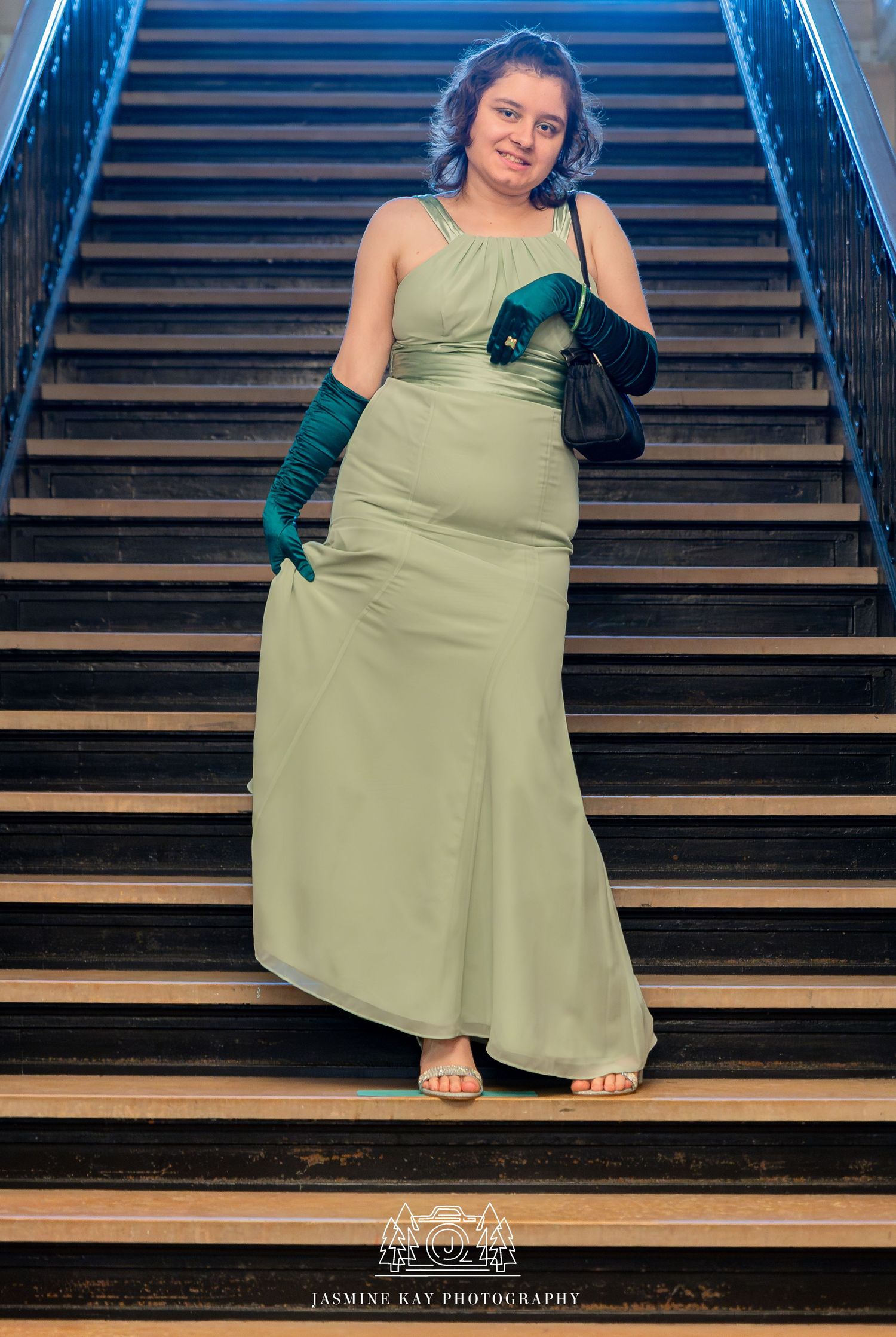 A series of five photos showing someone in a light green dress sitting on wooden stairs in various poses.