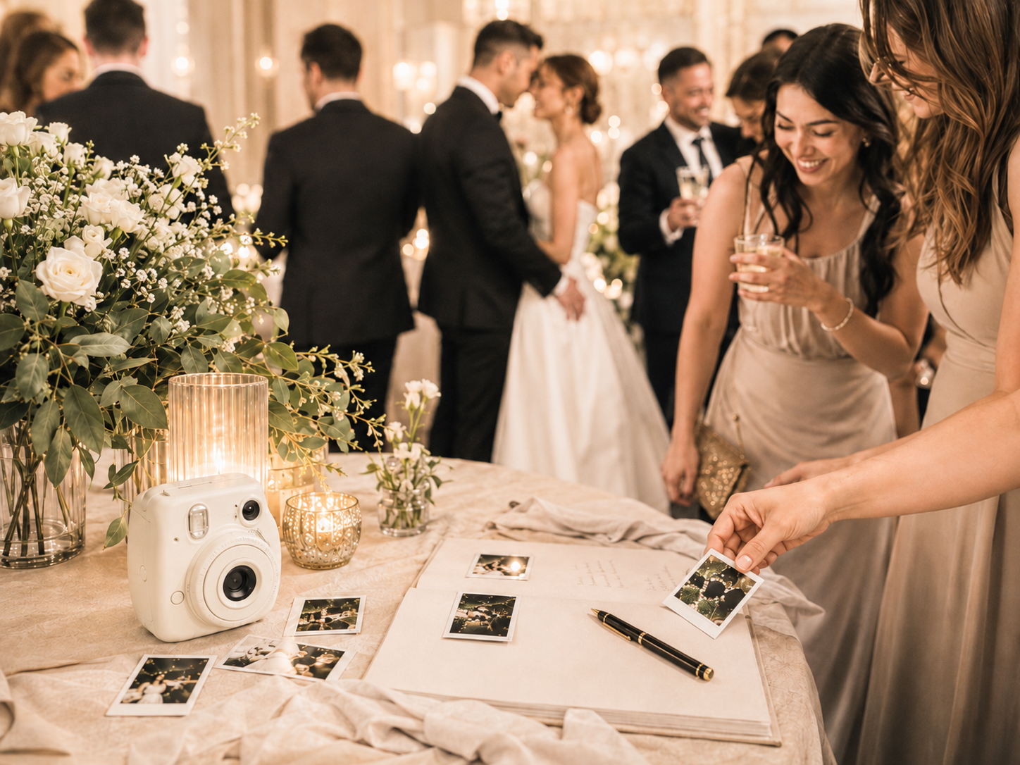 Wedding guest signs photo book near Instax camera and floral arrangements as couple dances at elegant reception.