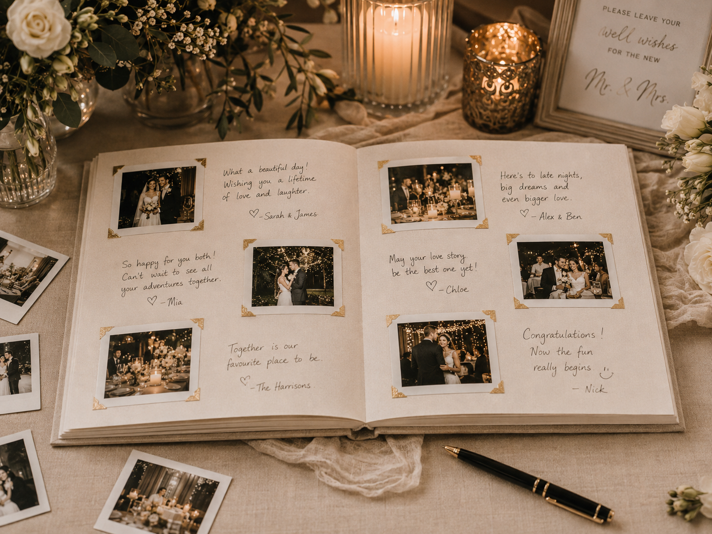 Open wedding guest book with Polaroid photos and handwritten messages, surrounded by candles and scattered photos on a table.