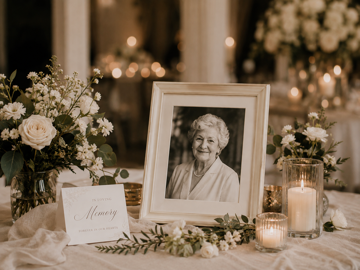 Elegant memorial table with framed black and white portrait, white floral arrangements, candles, and a memory sign at a wedding.