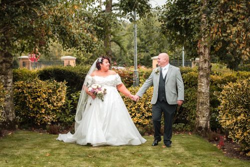 A romantic collection of outdoor wedding photos showing couples in a lush garden setting with autumn foliage.