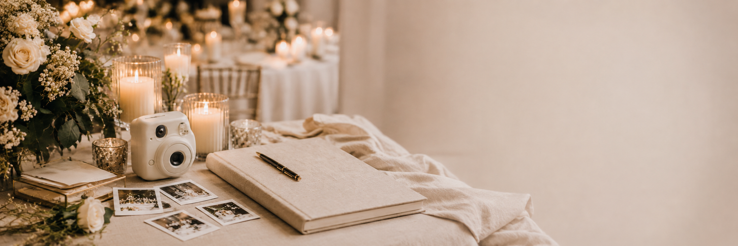 Elegant wedding guest book table with candles, white flowers, Polaroid photos, and an open notebook with a pen.