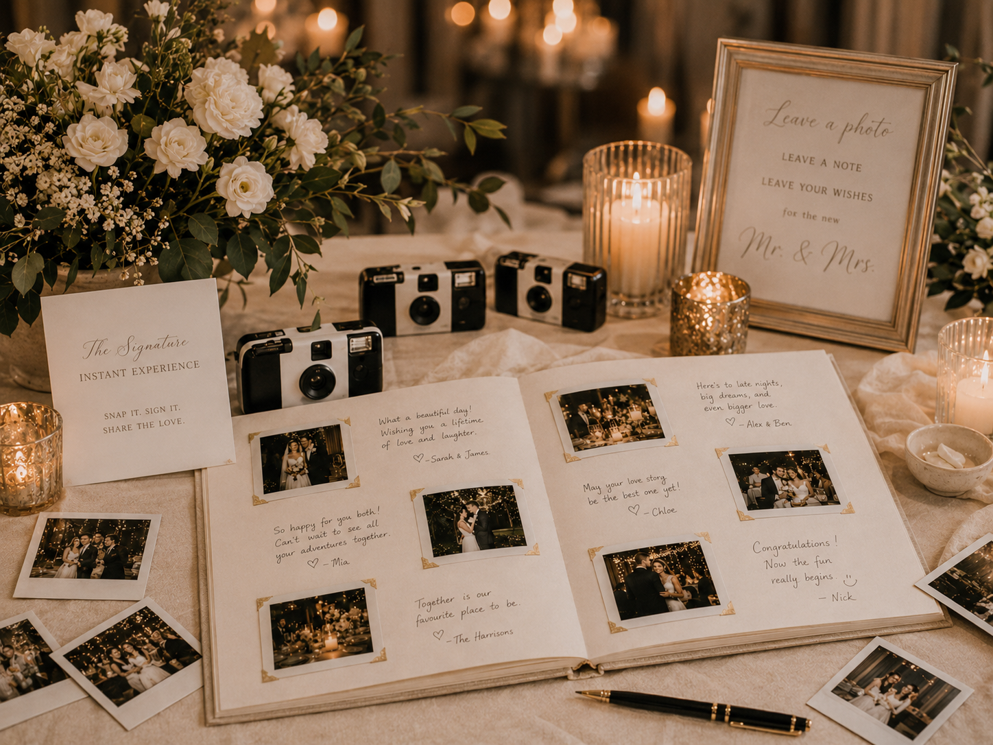Wedding guest book open with Polaroid photos and handwritten notes, surrounded by candles, flowers, and disposable cameras.