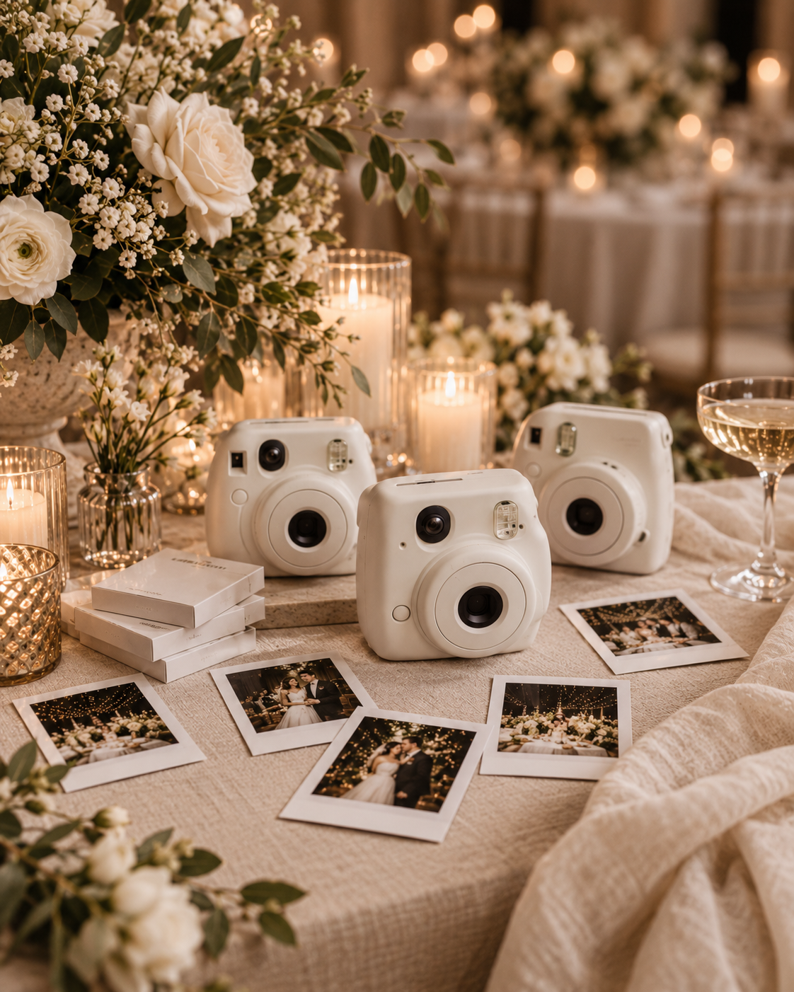 White Instax mini cameras surrounded by Polaroid photos, white roses, candles, and a wine glass at an elegant wedding reception.