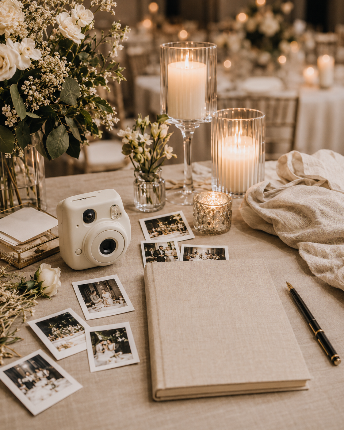 Elegant wedding guest book table with Instax camera, black-and-white photos, candles, and floral arrangements.