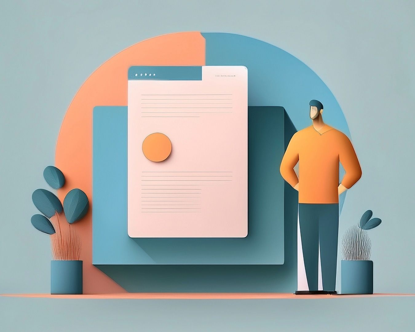 Minimal illustration of person viewing a digital document with plants in foreground against a coral and blue circular background.
