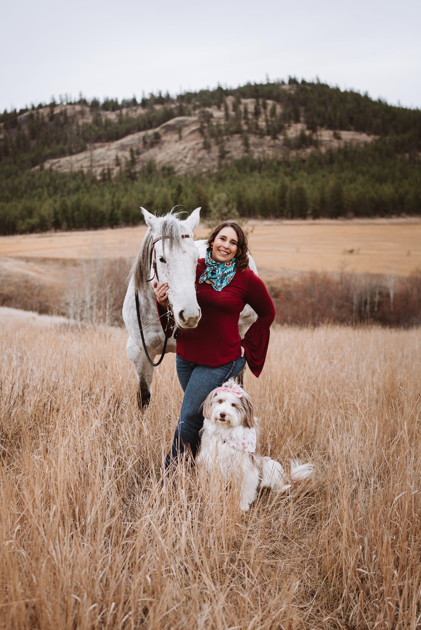Person with white horse and dog enjoying a peaceful moment in golden autumn field with hills in background.