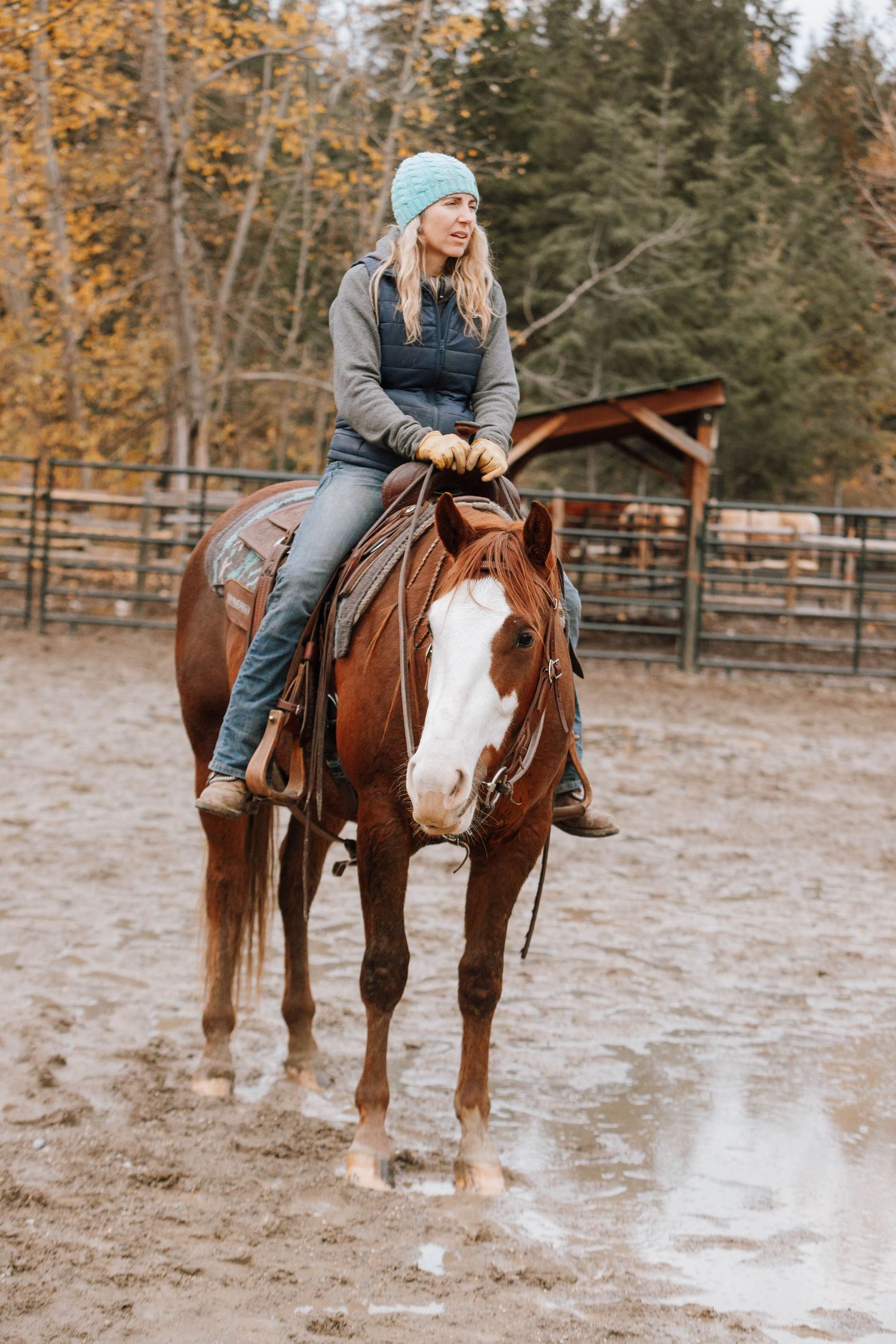 A person in a blue beanie rides a brown and white horse in an outdoor arena during autumn.