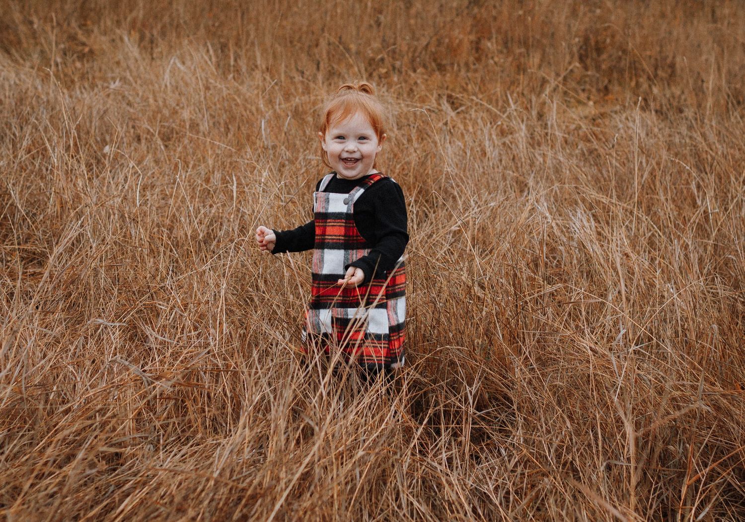A small child in a striped sweater stands alone in tall golden grass.