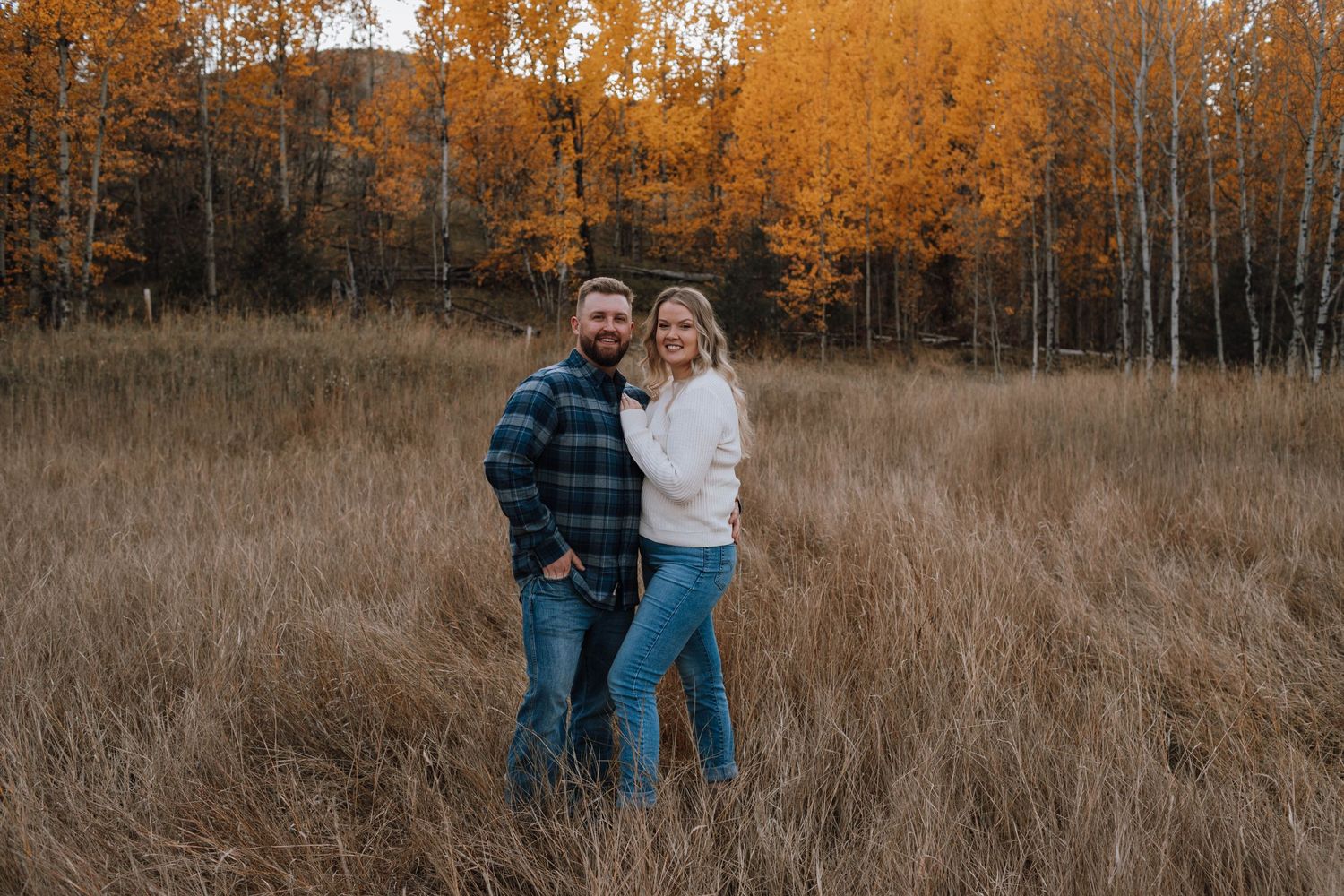 Couple poses together in a golden autumn field with aspen trees in the background.