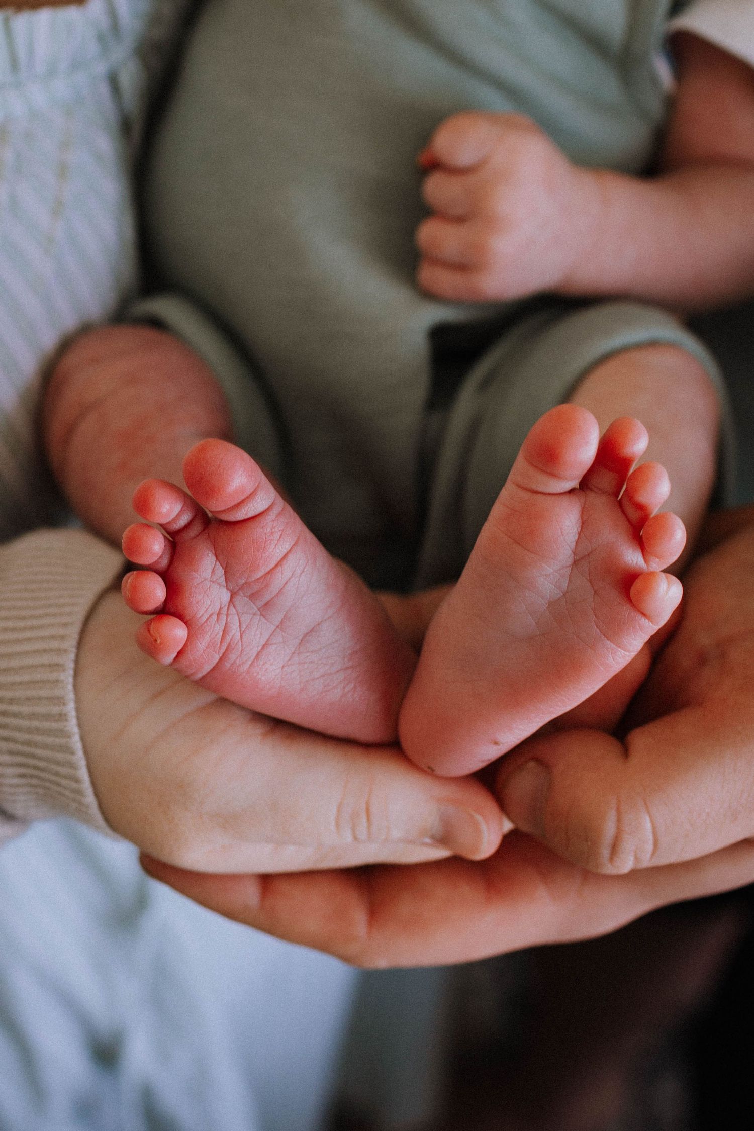 Close-up photo of tiny baby feet being gently held in adult hands against a soft fabric background.