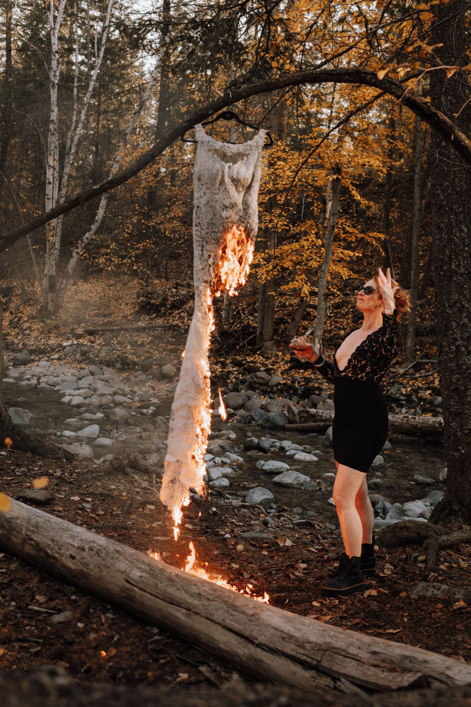 A sequence of artistic photos showing a fallen log with fire effects in an autumn forest setting.
