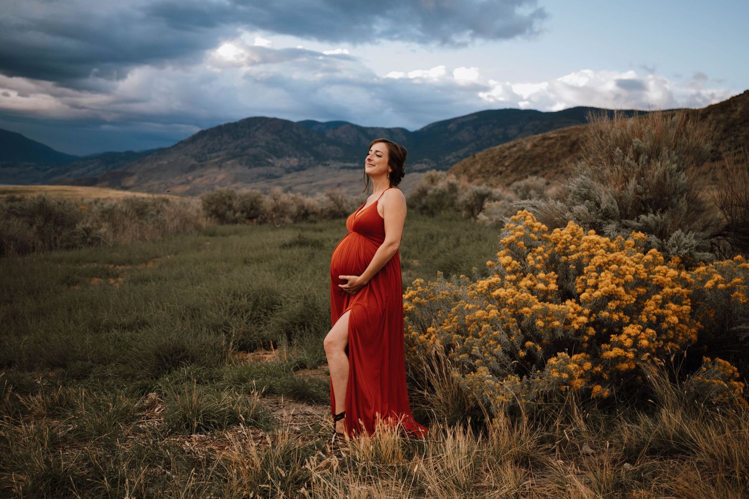 A flowing red dress maternity photo with mountains and moody clouds in the background.